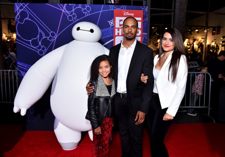 Damon and Samara with his daughter at the Big Hero Six premiere.